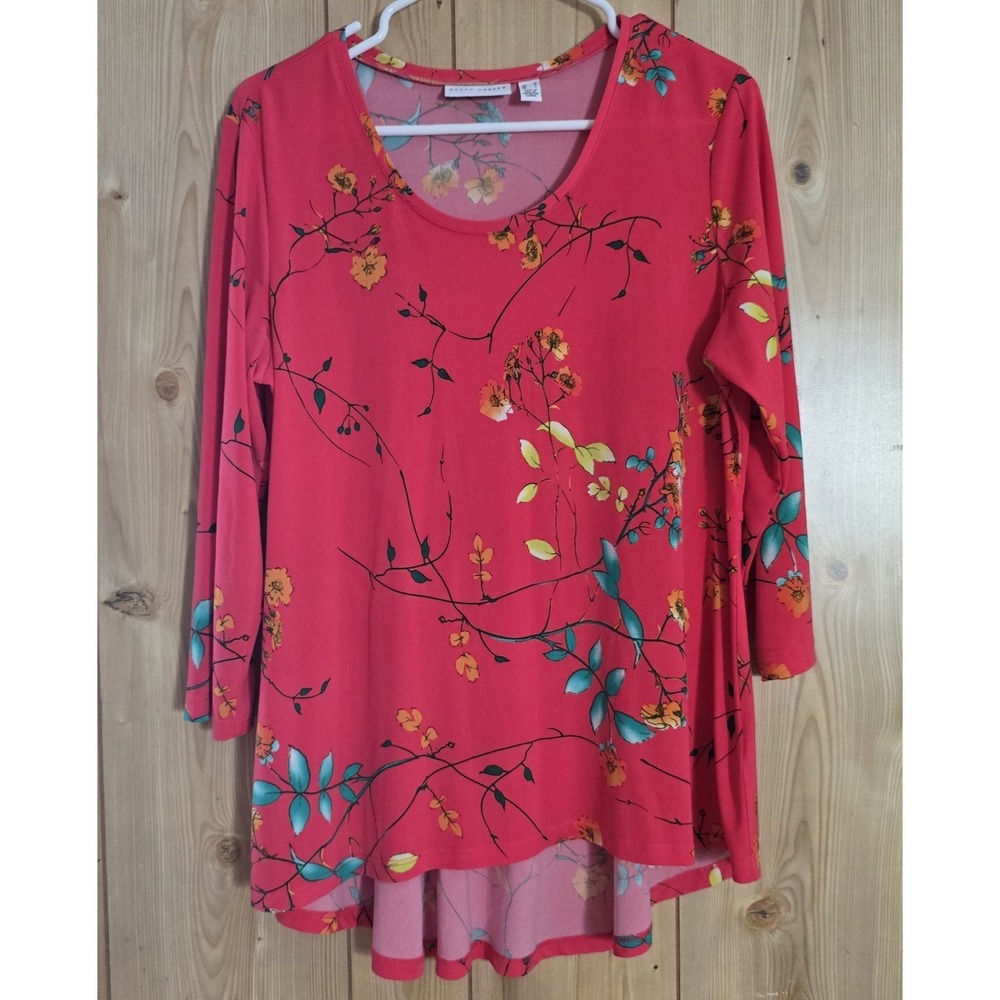Susan Graver Womens M Coral Floral Hi-Low Tunic Top 3/4 Sleeve Stretch